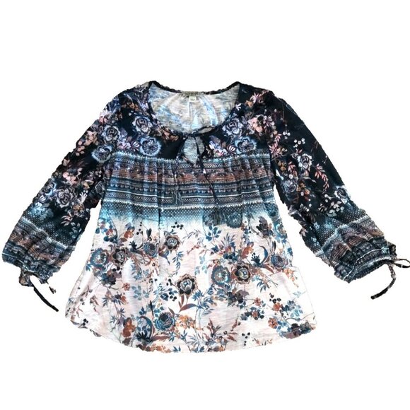 Large One World Boho Top Multi-Color Print 3/4 Sleeve Blue Floral - Picture 1 of 13